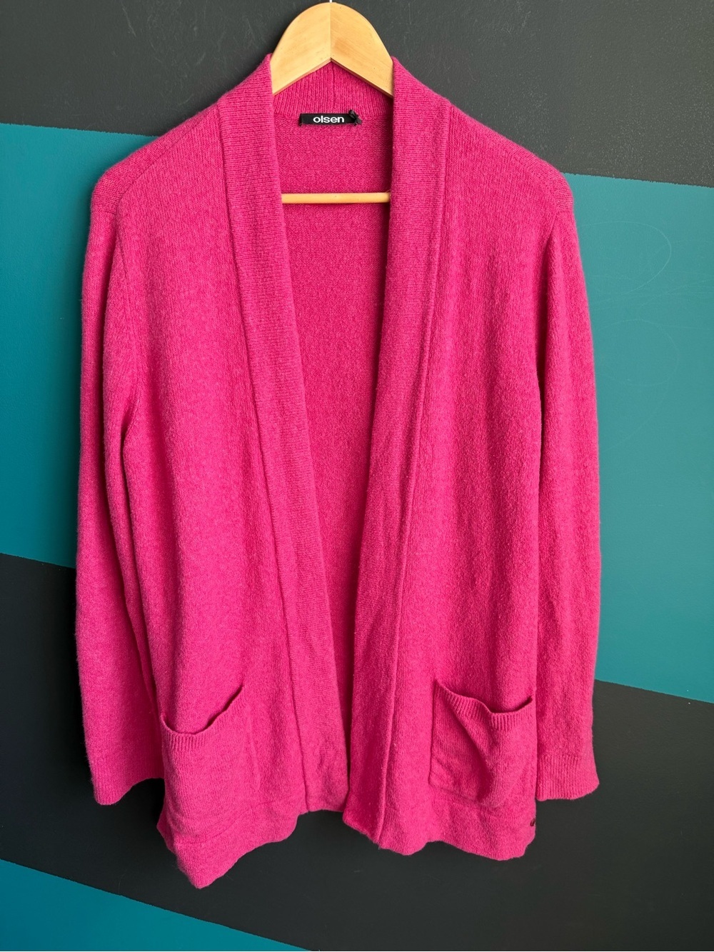 Women's Open-Front Hot Pink Cardigan with Pockets - Picture 2 of 13